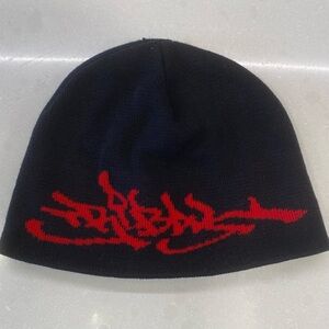 Vintage Y2K Tribal USA Beanie Skullcap JNCO STYLE Black Red EUC
